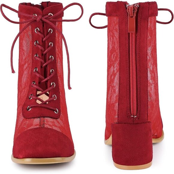 Ankle Boots for Women Red Rubber Lace Up Floral Lace Block Heels for Women - Picture 2 of 6